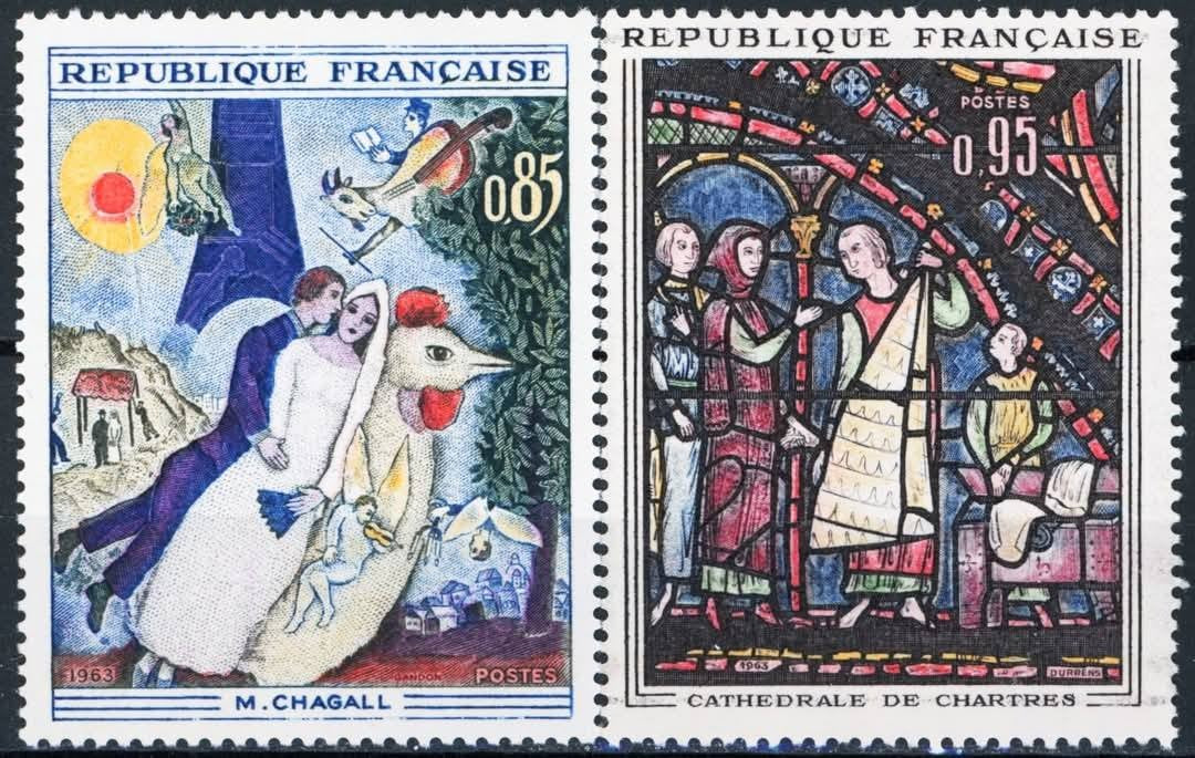 Serie timbre Franța 1963 MNH - Arta franceză – Chagall și vitraliul de la Chartres (SKU R1CLS8FRA18)