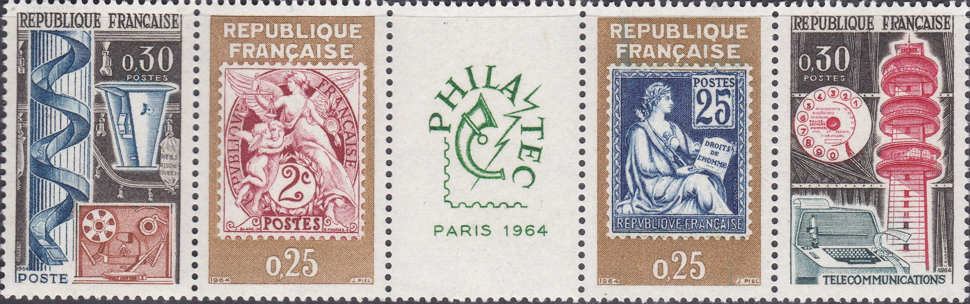 Serie timbre Franța 1964 MNH - Philatec Paris 1964 – bandă comemorativă de 5 (SKU R1CLS8FRA29)