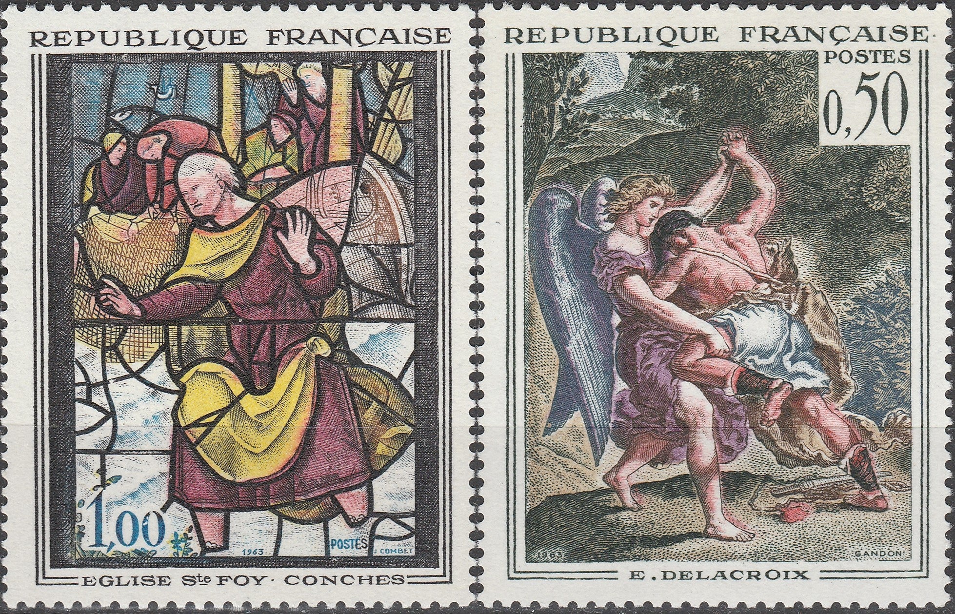 Serie timbre Franța 1963 MNH - Vitraliu Sainte-Foy Conches și Delacroix – Lutte de Jacob (SKU R1CLS8FRA5)