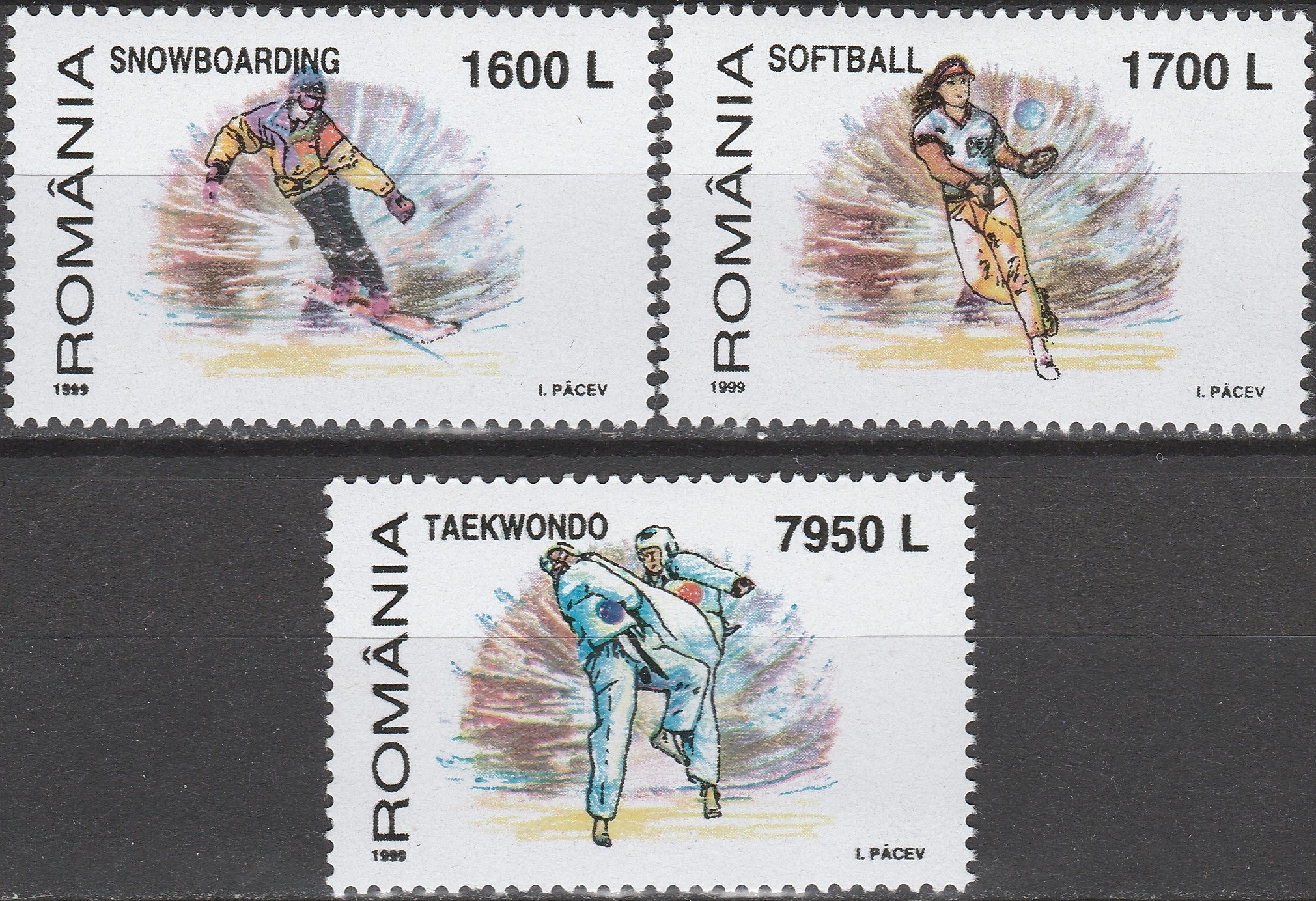 Timbru România Sporturi moderne: snowboarding, softball și taekwondo – 1999 MNH (ROM6)