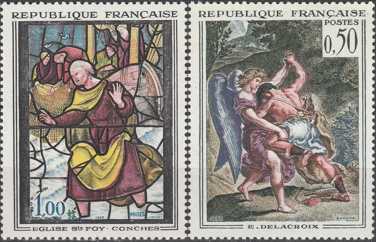 Serie timbre Franța 1963 MNH - Vitraliu Sainte-Foy Conches și Delacroix – Lutte de Jacob (SKU R1CLS8FRA5)