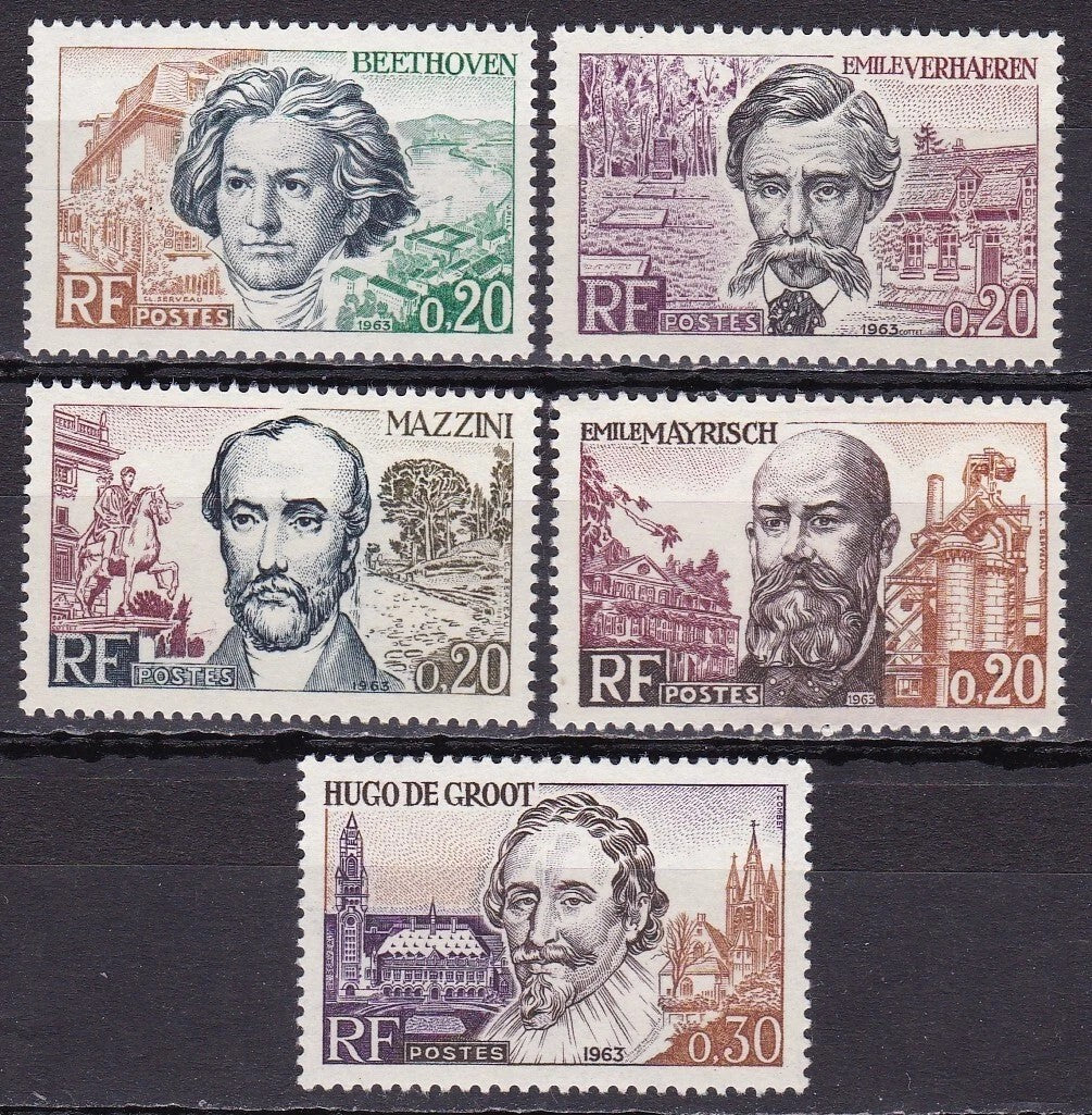 Serie timbre Franța 1963 MNH - Grands hommes européens: Beethoven, Verhaeren, Mazzini, Mayrisch, Hugo de Groot (SKU R1CLS8FRA9)